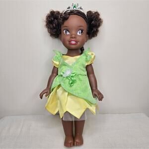 DISNEY Posable 15in Princess Tiana Doll with Crown in Green and Yellow Dress